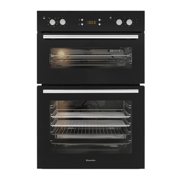 BAUMATIC 600mm DOUBLE BUILT IN OVEN BLK GLASS